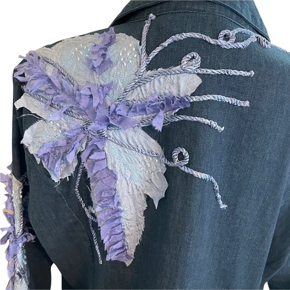 Bleu Bayou Dark Blue Embellished Open Jacket with Flower Appliques Art to Wear L - Picture 9 of 12